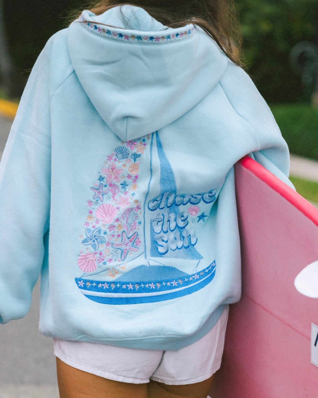 “Chase the Sun” Relaxed Hoodie in Sky Blue