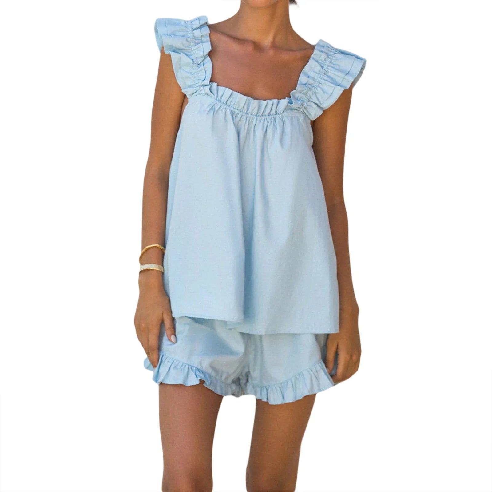 Women's Summer 2pcs Pajamas Sets Casual Sleeveless Spaghetti Straps Backless Sling Tank Top Ruffle Shorts Y2K Tracksuit